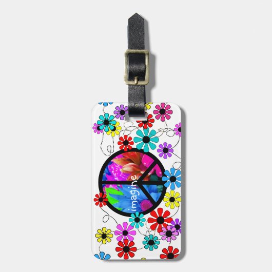 Stellen Sie sich Friedenssymbol und Retro Blumen Gepäckanhänger (Vorderseite vertikal)