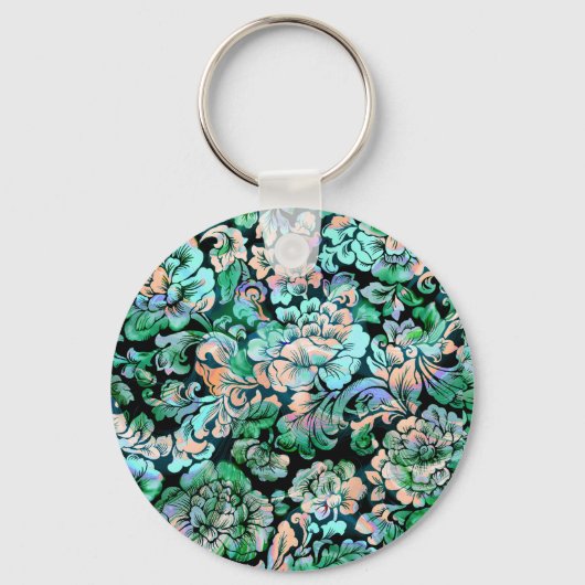 Stencil Floral in Green und Peach Schlüsselanhänger (Vorderseite)
