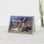 Step Brother Sports Mountain Bike Birthday Karte<br><div class="desc">A guy rides fast a mountain bike downhill. A great Birthday card in blue,  brown and white colors for a Step Brother who likes sports and nature.</div>