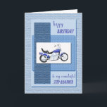 Step Bruder, eine Geburtstagskarte mit einem Motor Karte<br><div class="desc">Ein blaues Motorrad auf abstraktem,  blauen Hintergrund. Auf der Vorderseite steht: "Herzlichen Glückwunsch zum Geburtstag meines wunderbaren Schrittbruders". Eine tolle Karte für einen Radfreund. Eine Geburtstagskarte für einen Schritt Bruder.</div>