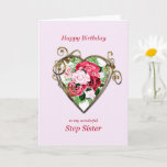 Step Sister Birthday Antique Painted Rose Karte<br><div class="desc">Eine romantische Geburtstagskarte. Ein Gemälde von Rose wird von einem vergoldeten goldenen Herz gerahmt. Geben Sie Ihrer Stiefschwester einen Geburtstag mit einem hübschen Gemälde aus einem Strauß Rose.</div>