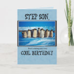 Step Son Birthday Karte<br><div class="desc">Wish very happy birthday to your step Son with this great card in blue,  white and black colors. These penguins from the South Pole are ready for the Party.</div>