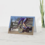 Step Son Sports Mountain Bike Birthday Karte<br><div class="desc">A blue sky,  trees and a boy going fast downhill on a mountain bike. Wish Happy Birthday to your Step Son with this card about sport and adventure.</div>