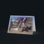 Step Son Sports Mountain Bike Birthday Karte<br><div class="desc">A blue sky,  trees and a boy going fast downhill on a mountain bike. Wish Happy Birthday to your Step Son with this card about sport and adventure.</div>