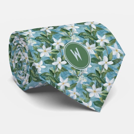 Stephanotis auf Blue Floral Krawatte (Gerollt)