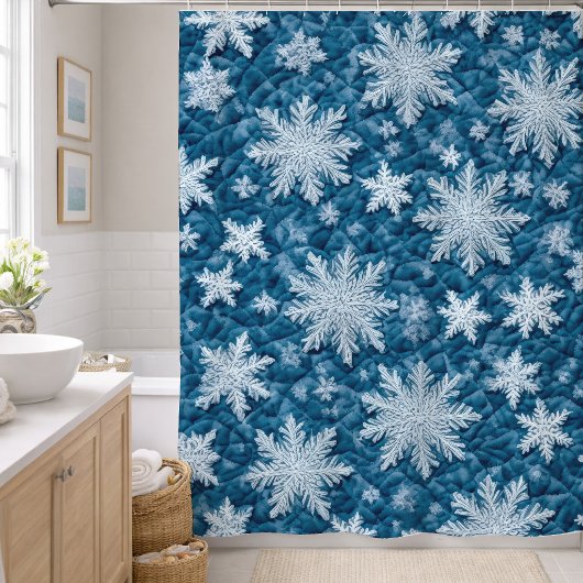 Steppmuster Blau und Weiße Schneeflocken Duschvorhang