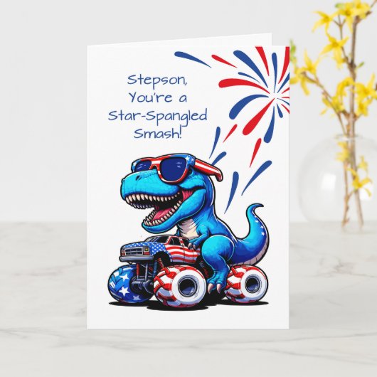 Stepson 4. Juli Dinosaur T-Rex Reitwagen Karte (Gelbe Blume)