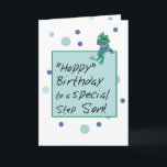 Stepson Frog in Jeans, Birthday, Polka Dots Karte<br><div class="desc">Send your Stepson birthday greetings with this delightful card. Frog is sitting atop the Happy Birthday message - Box waving his wishes. Blue and green polka dots fill the background setting off the frog’s jeans and striped t-shirt.</div>