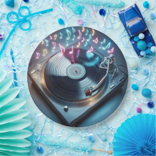 Stereo-Turntable mit Neonnotizen Pappteller (Party)