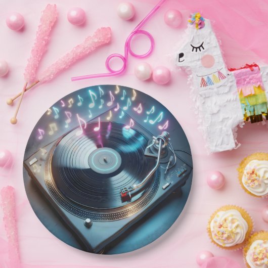 Stereo-Turntable mit Neonnotizen Pappteller (Party)