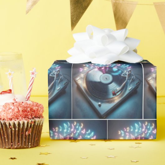 Stereo-Turntable mit tanzenden Neonnotizen Geschenkpapier (Geburtstagsparty)