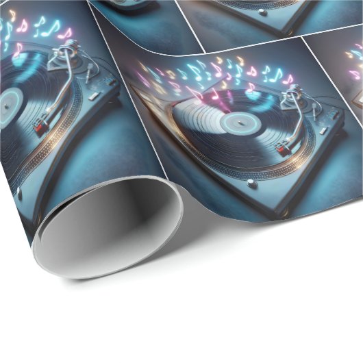 Stereo-Turntable mit tanzenden Neonnotizen Geschenkpapier (Rolleneckpunkt)