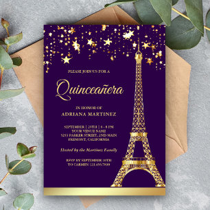 Stern Konfetti Gold Eiffelturm Lila Quinceanera Einladung