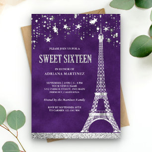 Stern Konfetti Silber Eiffelturm Lila Sweet 16 Einladung