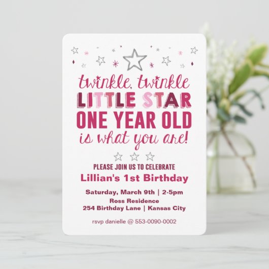 Stern-Mädchen-erster Geburtstag Einladung (Stehend Vorderseite)