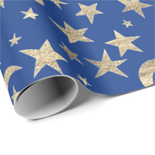 Stern-Mond-blaue Indigo-Goldmetallhimmel-Ebene Geschenkpapier