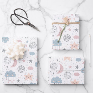 Stern Mond Wolken Geschenkpapier, Himmlisches Gesc Geschenkpapier Set
