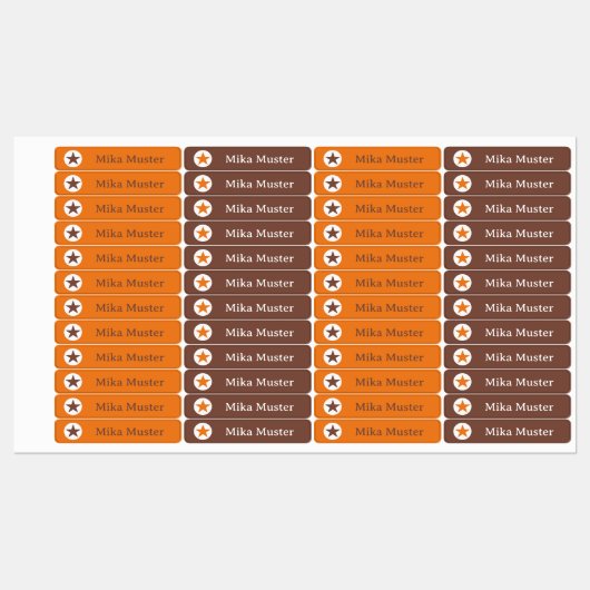 Stern - orange braun - 96 schmale Kinder Etiketten (Blatt)