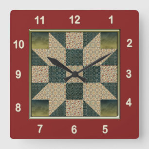 Stern-Patch-Quilt-Block Gold & Grün Quadratische Wanduhr