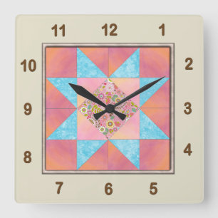 Stern-Patch-Sonnenuntergang- und Wasser-Quiltblock Quadratische Wanduhr