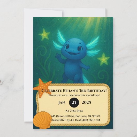 Sternblauer Axolotl Geburtstag Einladung (Vorderseite)