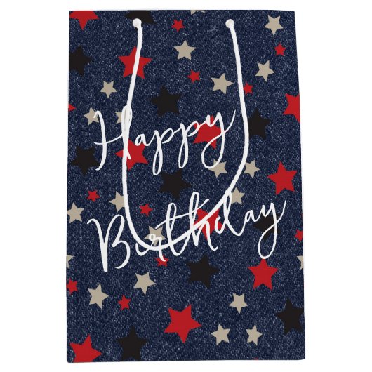 Sterne auf blauem Denim Mittlere Geschenktüte (Vorderseite)