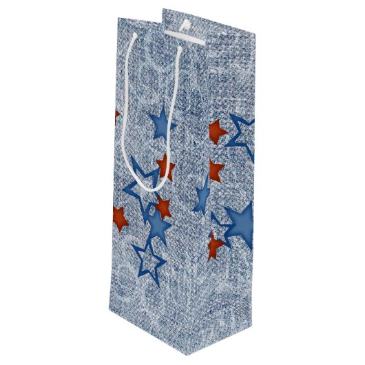 Sterne auf Denim Geschenktüte Für Weinflaschen (Rückseite Schrägansicht)