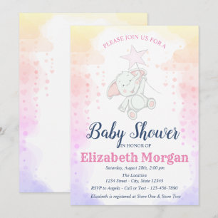 Sterne, Baby Girl Elephant Baby Dusche Einladung