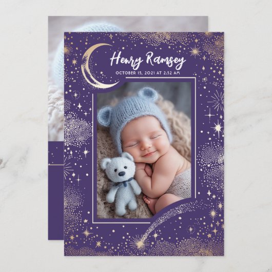 Sterne Celestial Niedliche Lila Neugeborene Fotos Ankündigung (Vorne/Hinten)