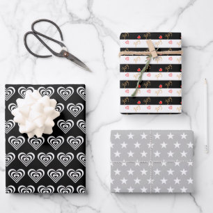 Sterne & Herzen auf Schwarz und Weiß Geschenkpapier Set