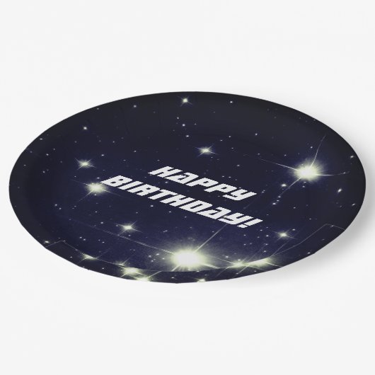 Sterne in Deep Space Dark Blue Happy Birthday Pappteller (Schrägansicht)