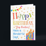 Sterne, Jagd, Kerzen für Step Brother Birthday Karte<br><div class="desc">Eine farbenfrohe, textbasierte Geburtstagskarte für einen Step Brother mit Polka Dot Bunting, hellen, gestreiften Geburtstagskuchen und vergoldeten Sternen. Der gemusterte Text sagt: "Glücklich zum Geburtstag" und es gibt auch "Schöne Tage!" in blauer Schrift (NB werden die Sterne und Konturen des Goldenen Effekts wie sichtbar und nicht in metallischer Tinte gedruckt)....</div>