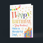 Sterne, Jagd, Kerzen für Step Brother Birthday Karte<br><div class="desc">Eine farbenfrohe, textbasierte Geburtstagskarte für einen Step Brother mit Polka Dot Bunting, hellen, gestreiften Geburtstagskuchen und vergoldeten Sternen. Der gemusterte Text sagt: "Glücklich zum Geburtstag" und es gibt auch "Schöne Tage!" in blauer Schrift (NB werden die Sterne und Konturen des Goldenen Effekts wie sichtbar und nicht in metallischer Tinte gedruckt)....</div>