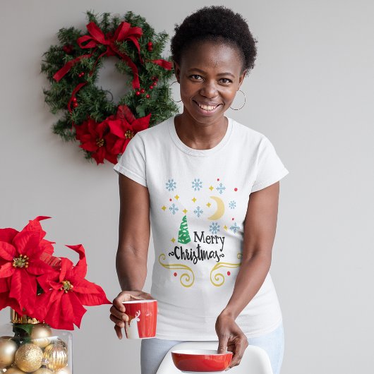 Sterne, Mond, Schneeflocken & Frohe Weihnachtsfrau T-Shirt