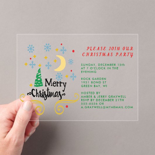 Sterne, Mond, Schneeflocken und frohe Weihnachten Acryleinladungen (Insitu (Handheld))