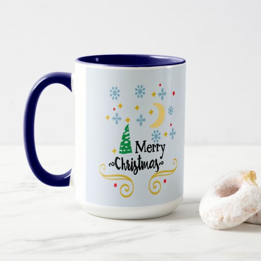 Sterne, Mond, Schneeflocken und frohe Weihnachten, Tasse (Mit Donut)