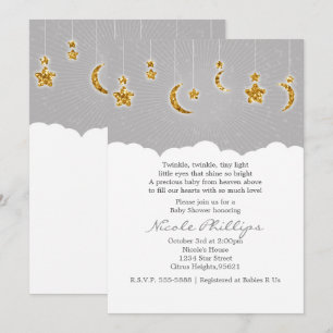Sterne Mond & Wolken Baby Shower Graue Einladungen