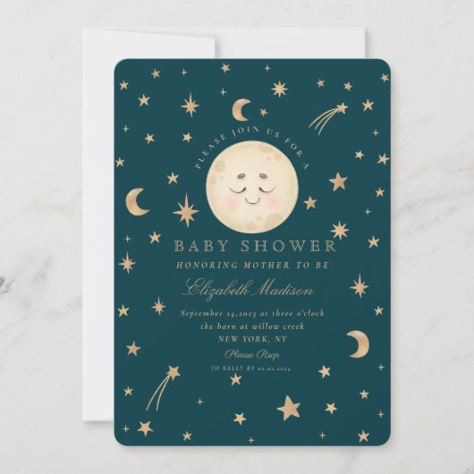 Sterne Niedlich Moon Golden Galaxy Babydusche Einladung (Vorderseite)