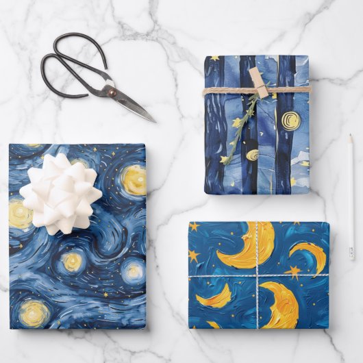Sterne Night Skies Moons Stripes Geschenkpapier Set (Vorderseite)