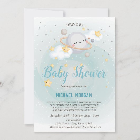 Sterne, Planet, Wolkenantrieb mit Babydusche Einladung (Vorderseite)