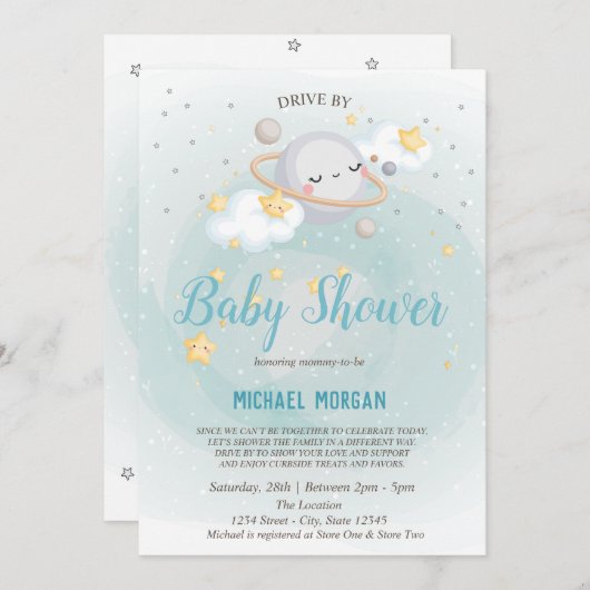 Sterne, Planet, Wolkenantrieb mit Babydusche Einladung (Vorne/Hinten)