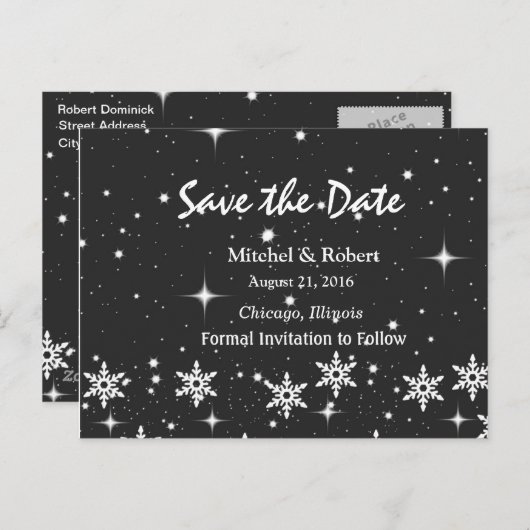 Sterne Schneeflocken WeihnachtsWedding Save the Da Ankündigungspostkarte (Vorne/Hinten)