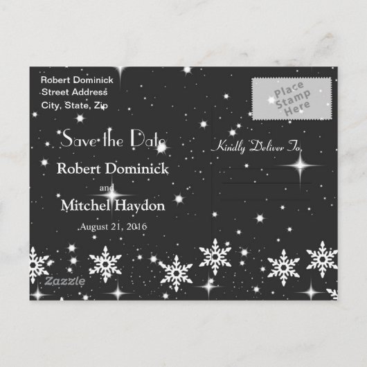 Sterne Schneeflocken WeihnachtsWedding Save the Da Ankündigungspostkarte (Rückseite)