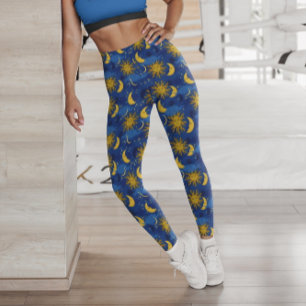 Sterne Sonne Mond Himmelsmuster Blau Gold Leggings