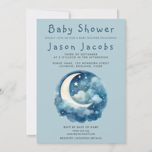 Sterne und Mond Baby Dusche blau Einladung (Vorderseite)