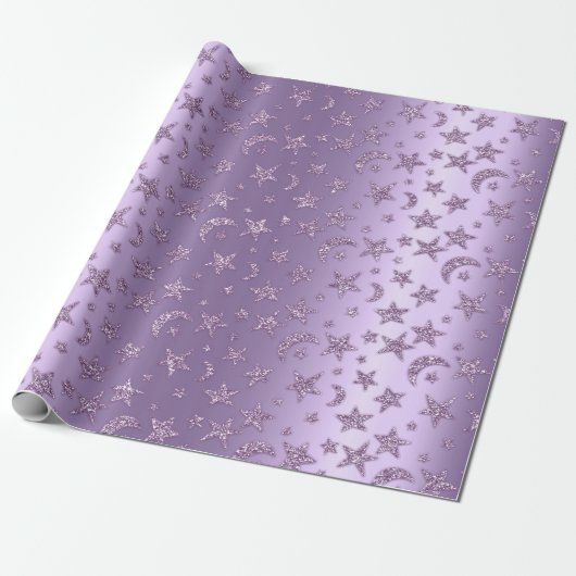 Sterne und Mond Funkelnd Lavendel Lila Violette Geschenkpapier (Ungerollt)