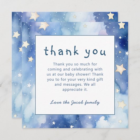 Sterne und Nachthimmel Babydusche blau Danke Einladung (Vorne/Hinten)