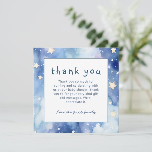 Sterne und Nachthimmel Babydusche blau Danke Einladung (Stehend Vorderseite)