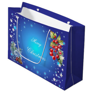 Sterne und rote Beeren auf tiefblauem Frohen Weihn Große Geschenktüte