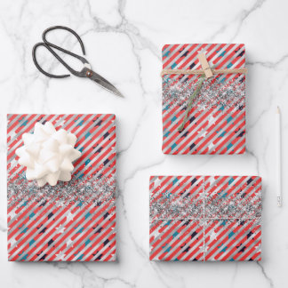 Sterne und Silberstreifen Glitzer Unabhängigkeitst Geschenkpapier Set